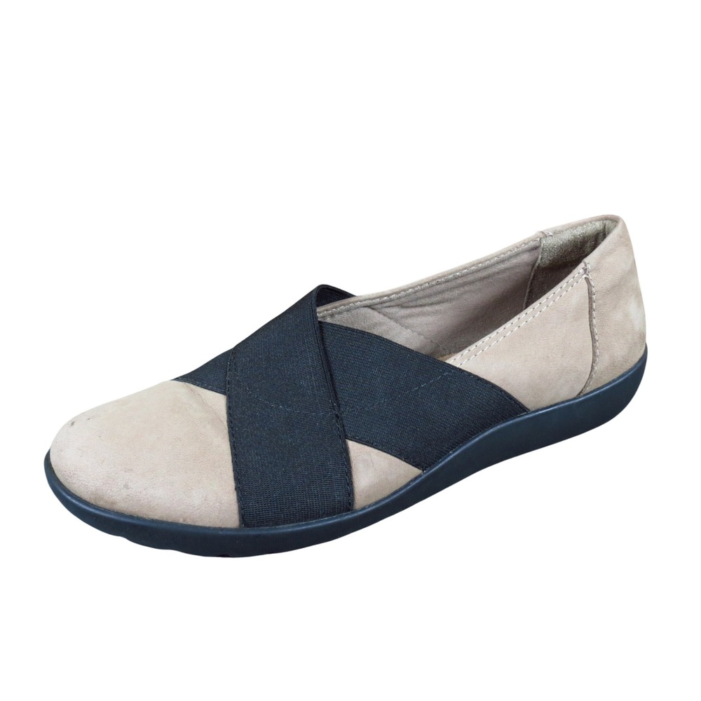 Clarks Medora Jem Womens Slip On Shoes Size 7 Walking Tan Black Nubuck Leather